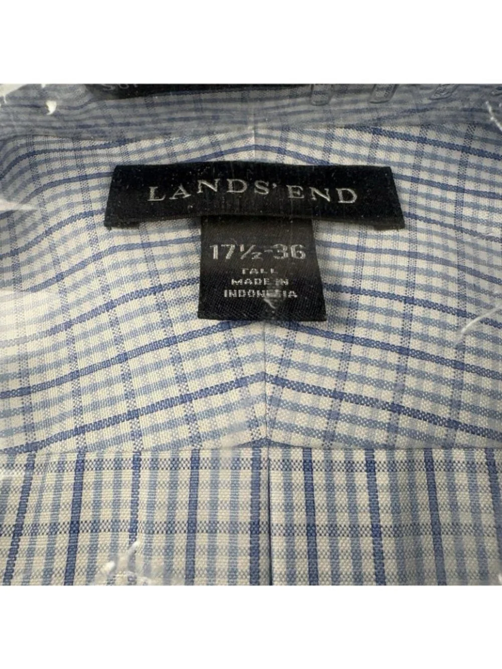 Lands’ End Men’s Dress Shirt 17.5-36 Tall Blue Mini Check Button Down - Picture 4 of 6
